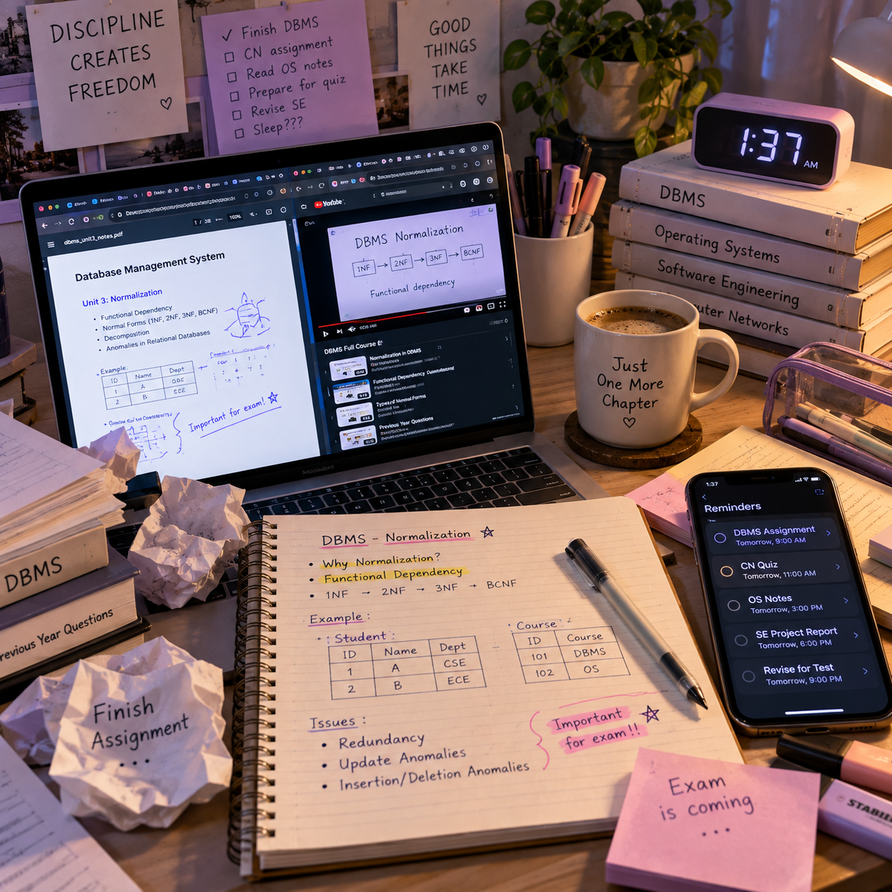 Late-night student study desk with notes, laptop and reminders