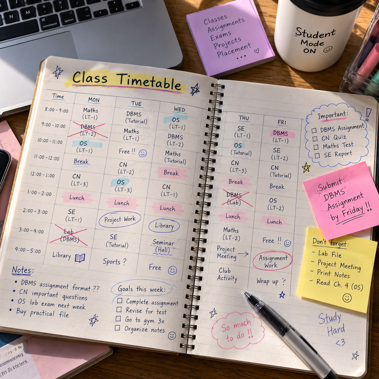 Student timetable written across a busy notebook