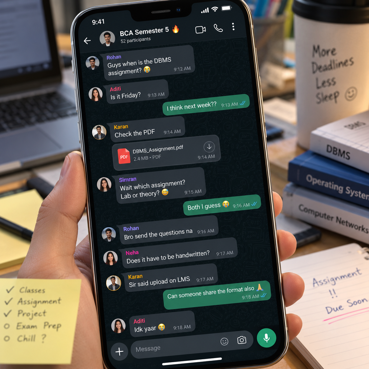 Student assignment discussion buried in a WhatsApp group chat
